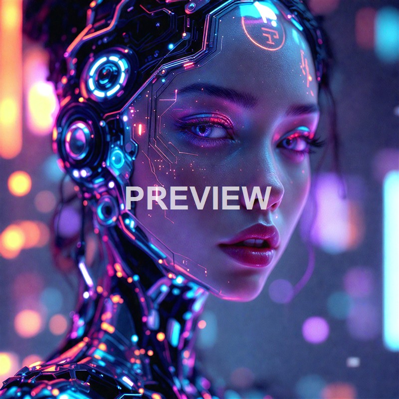 A futuristic, cybernetic woman with glowing blue and pink circuitry integrated into her face and head, set against a vibrant, bokeh-lit background.